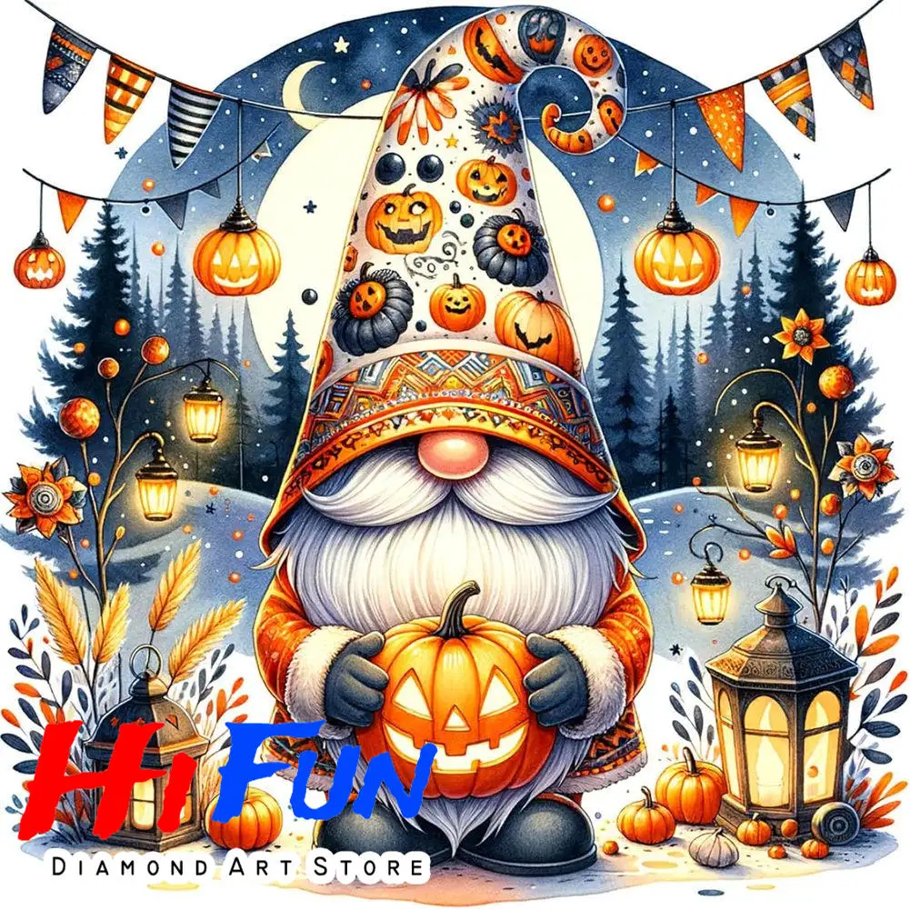 

DIY Diamond Painting Kit Full Round Square Halloween Gnome Set with Pumpkins Watercolor Diamond Mosaic Wall Decoration