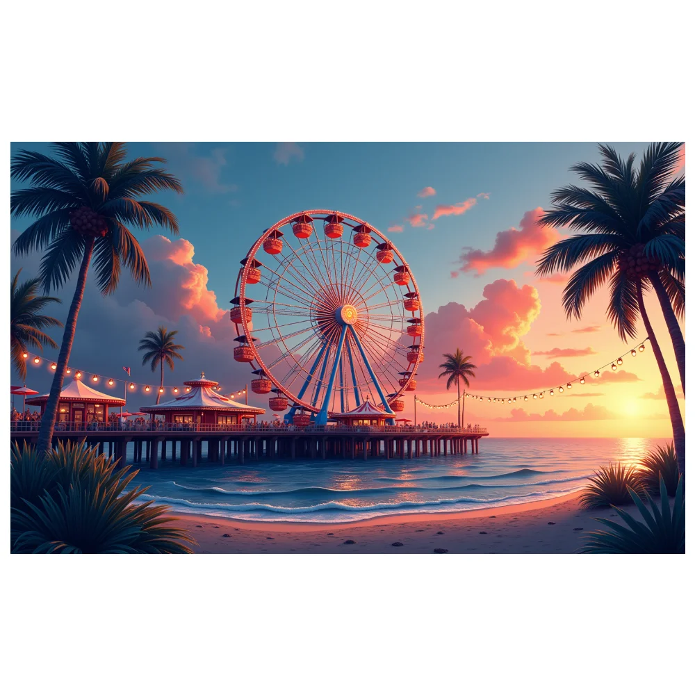 Decorazioni da spiaggia Tema tropicale Banner al tramonto Banner scenico Luci Decorazione Banner al mare per la celebrazione serale Evento all'aperto
