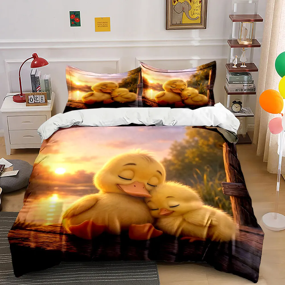 Cozy Ducklings Snuggling at Sunset Bedding Set for Kids Luxury Gift 3pcs Digital Print Comforter Set Soft Comfortable