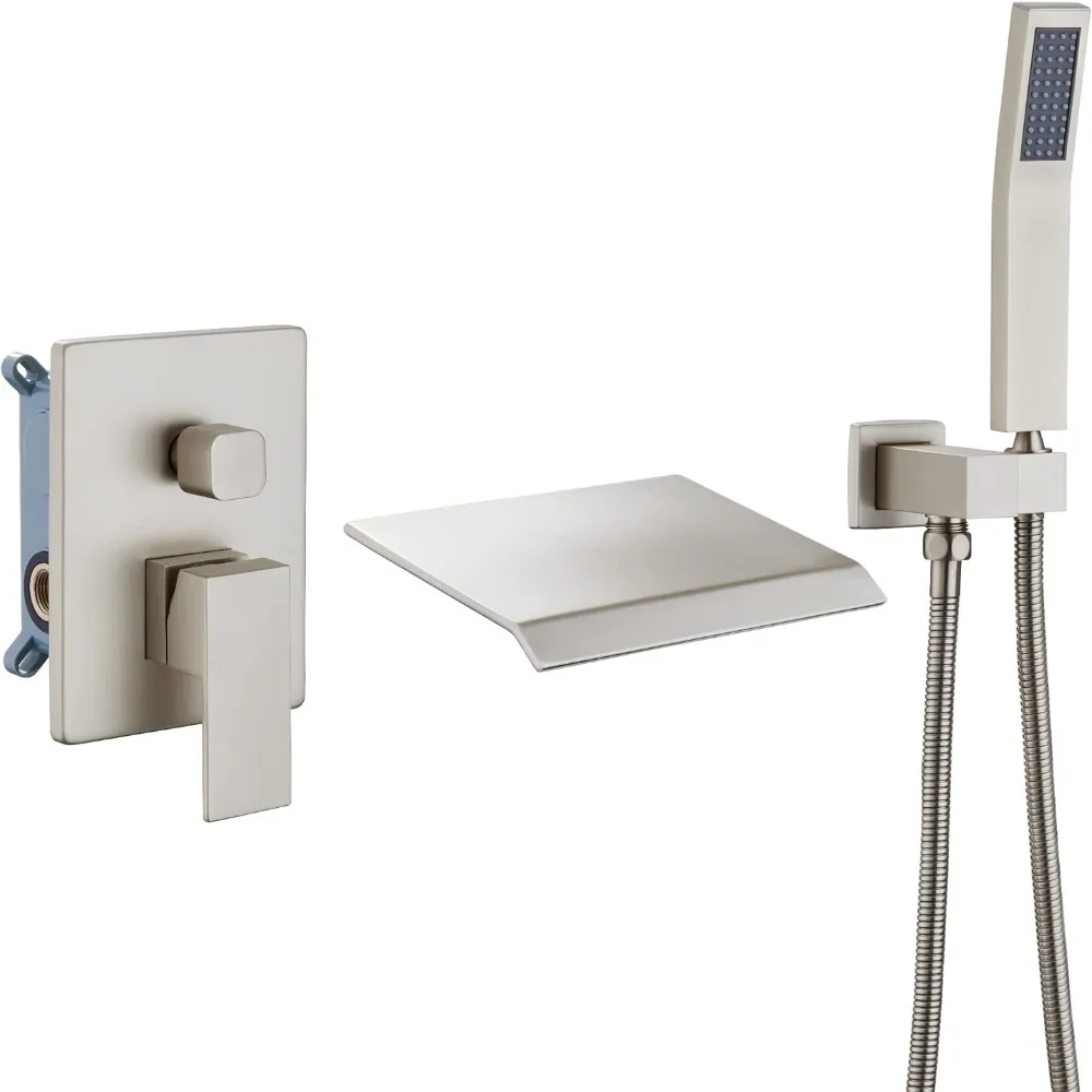 

Modern Wall-Mounted Bathtub Faucet with Handheld Shower, DASAN High-Flow Brushed Nickel Tub Filler