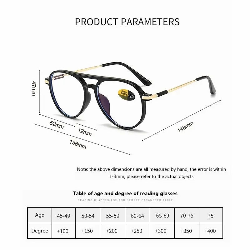 +1.00~+4.00 Transparent Frame Reading Glasses For Women Anti Blue Light Aviation Presbyopic Glasses For Men Polit Eyeglasses