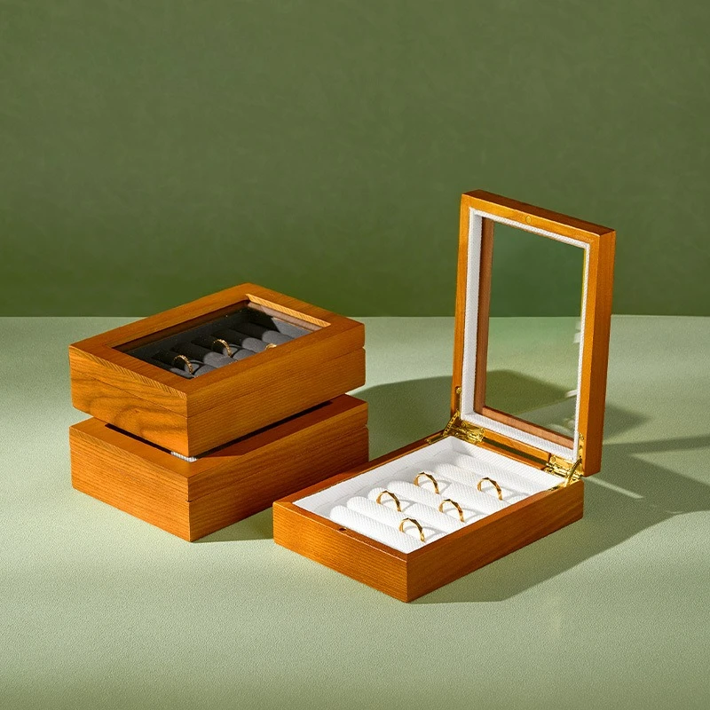 Solid wood jewelry box ring earring storage box transparent acrylic jewelry display box