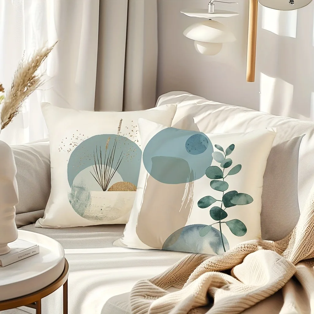 Abstract minimalist light blue geometric leaf pattern printed pillowcase Bohemian sofa cushion cover modern home decoration