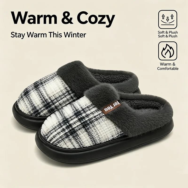 Winter Warm Plaid Slippers for Couple, Soft Plush Lined, Thick Cushion Sole, Indoor Home Slip-on House Shoes