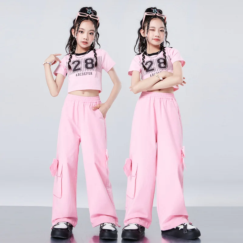 Kid Cool Hip Hop Clothing Pink Letters Crop Top T Shirt Casual Bowknot Pocket Wide Pants for Girls Jazz Dance Costumes Clothes