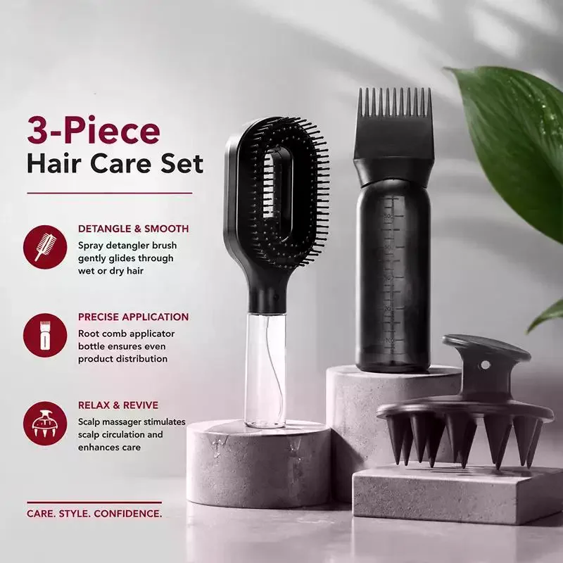 3Pcs Hair Care Set Spray Detangler Brush Root Comb Applicator Bottle Scalp Massager For Wet Dry Hair Styling Scalp Care