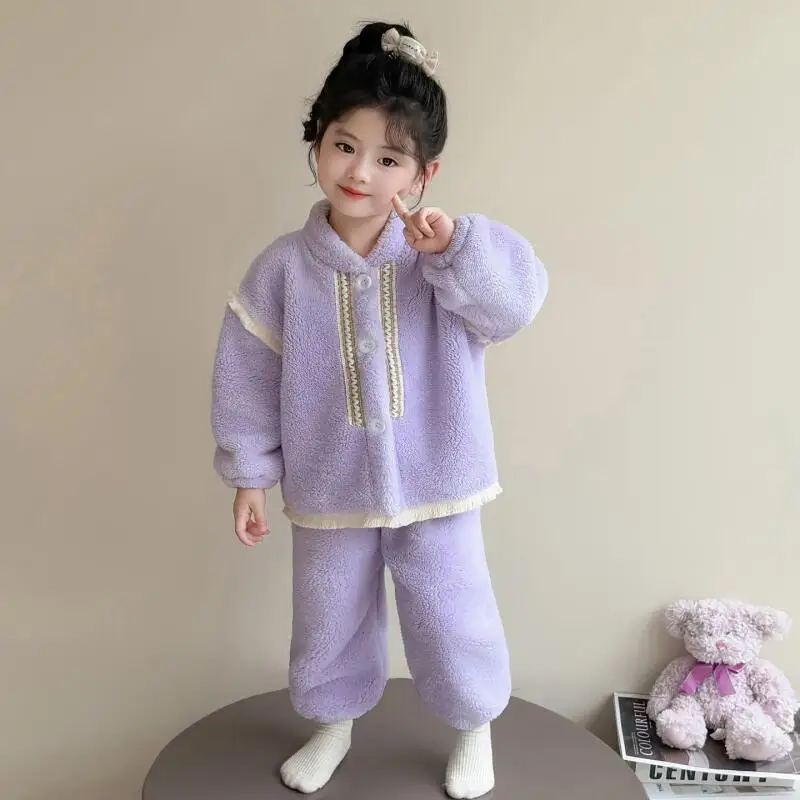 حار الطفل الفانيلا قطعتين مجموعة منامة فتاة الخريف الشتاء رشاقته الدفء القمم السراويل الطفل Kawaii موضة جديدة ملابس منزلية غير رسمية