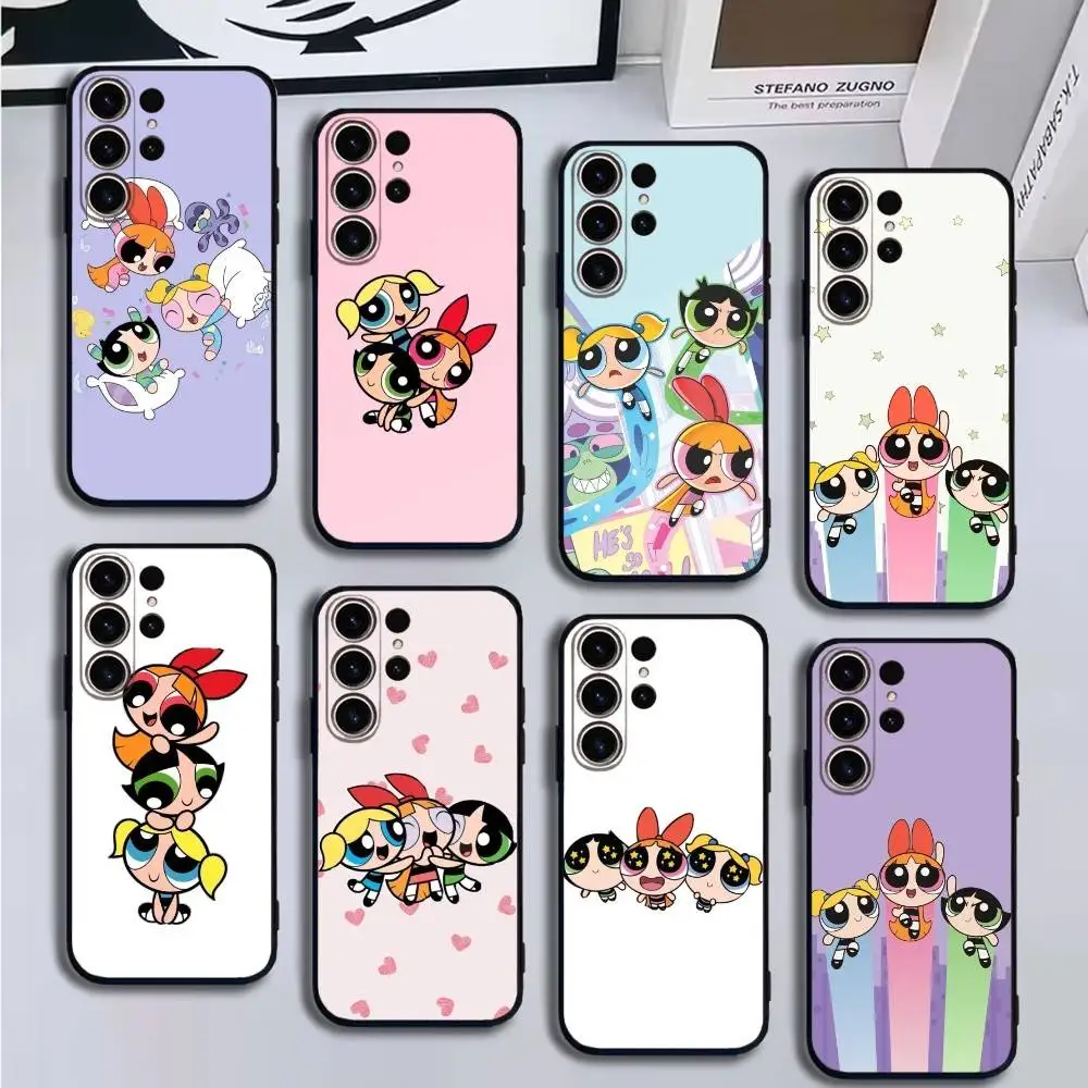 Capa de telefone para meninas Cartoon Star P-Powerpuff para SamsungS25,24,21,22,23,30, Ultra,20,Plus,Fe,Lite,Note,10,9, capa preta macia