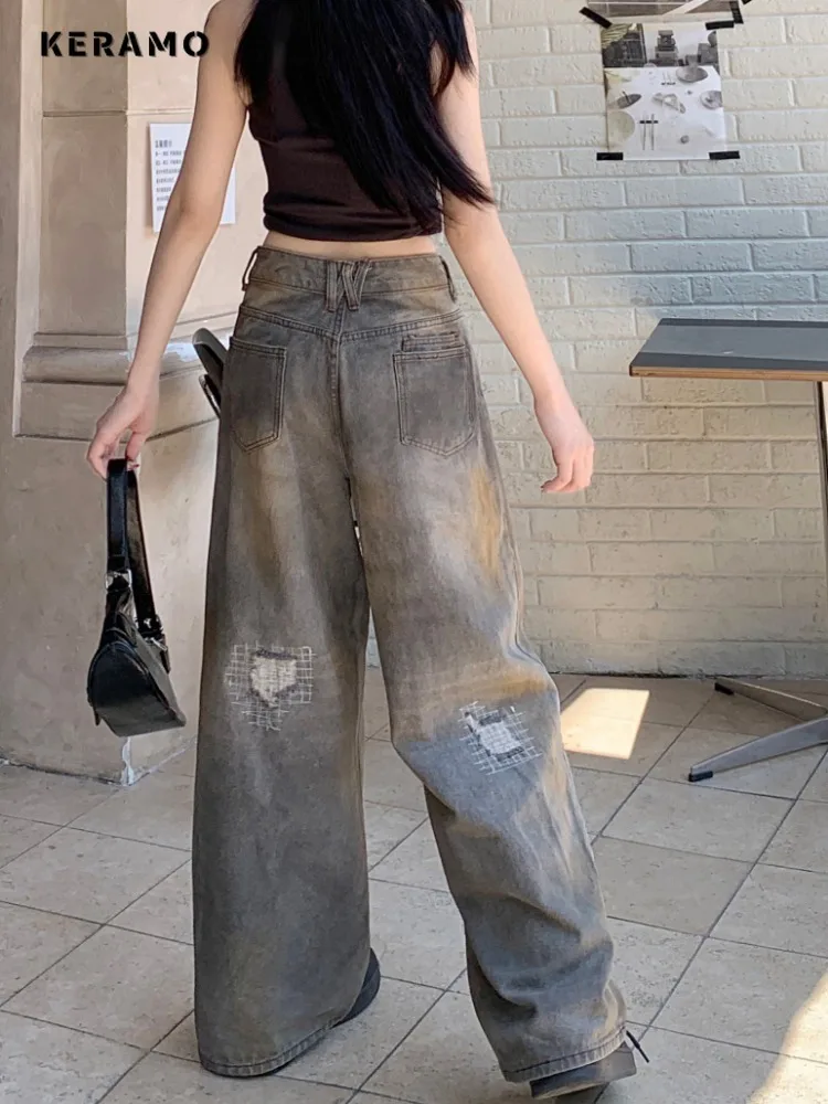 Pantalones vaqueros rasgados estéticos Vintage para mujer, pantalones informales de longitud completa con fregona para daños, pantalones vaqueros holgados Punk Y2K para verano 2025