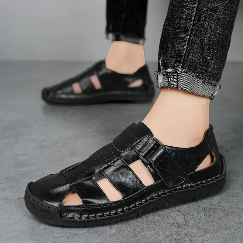

Genuine Leather Men's Beach Large Size 38-48 Breathable Sandals Retro Handsewn Baotou Casual Fashion Handmade Shoes 2026