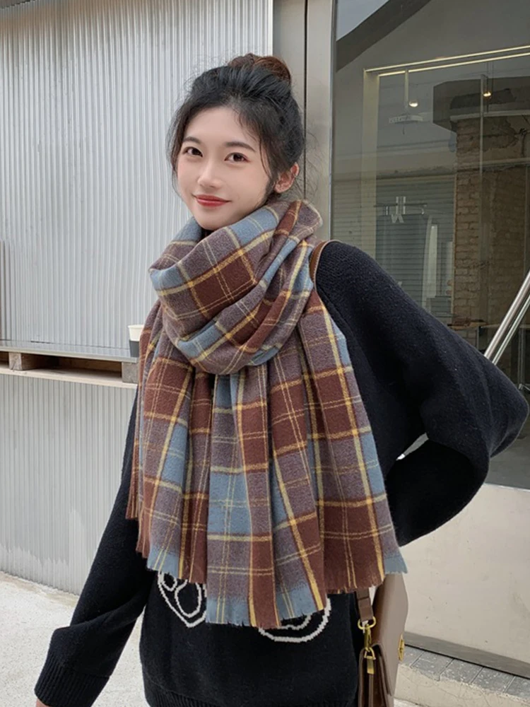 New Korean Fashion Knitted Plaid Print Vintage Scarf Headscarf Winter Women Ladies Men Preppy Scarve Female Foulard Shawl Unisex