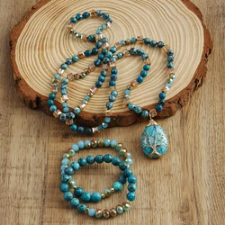 New Boheme Spring Jewelry Natural Stone Glass Handmade Life Tree Stone Drop Pendant Knotted Necklace 2pcs Stack Bracelet Set