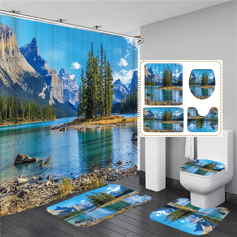 Natural Scenery Forest Waterproof Polyester Shower Curtain Set Anti-slip Soft Bath Carpet Mat Lid Toilet Cover Bathroom Set Deco