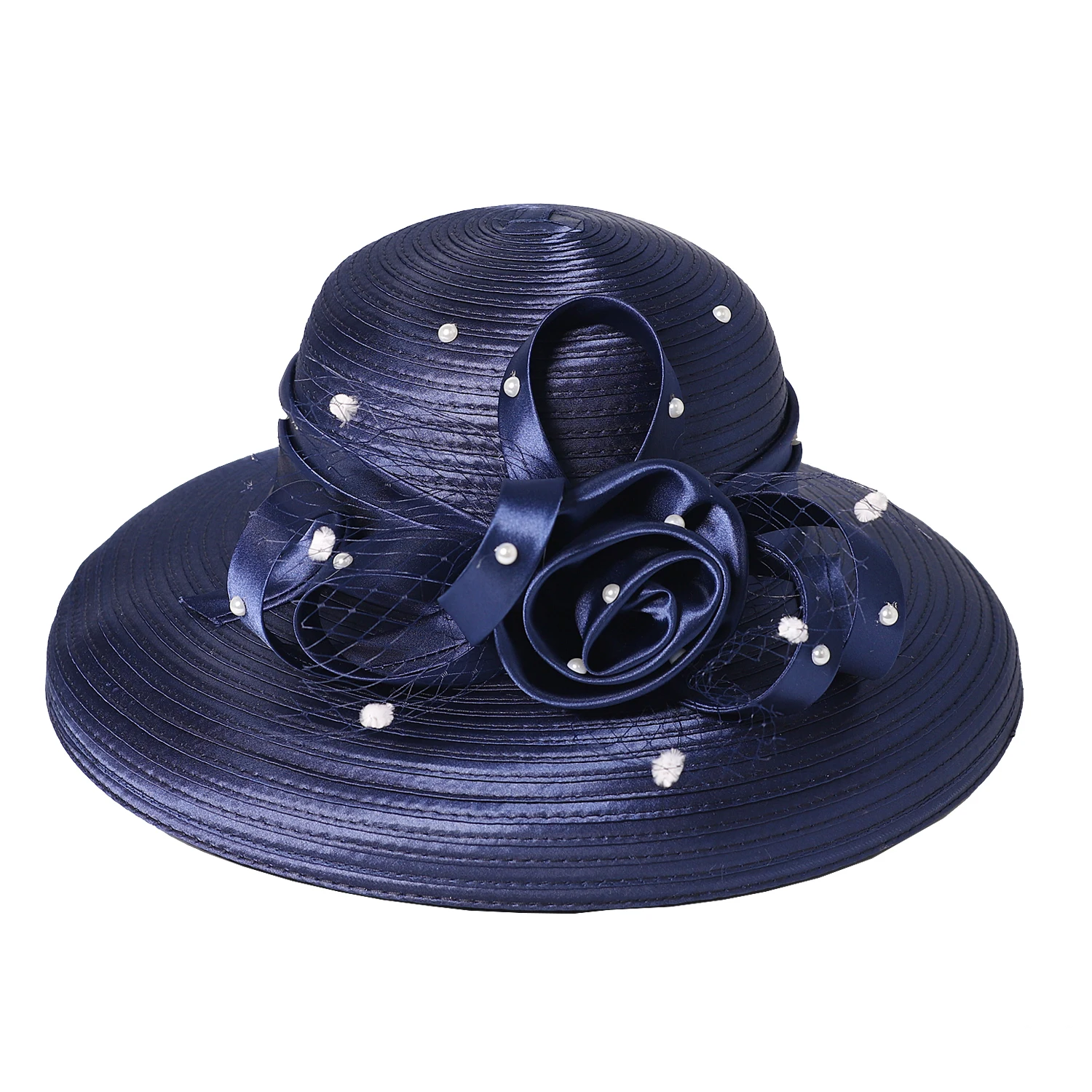 FS 2024 Wide Brim Fascinator Hats For Women Elegant Wedding Bridal Top Hat With With Veil Flower Navy Church Dress Derby Caps