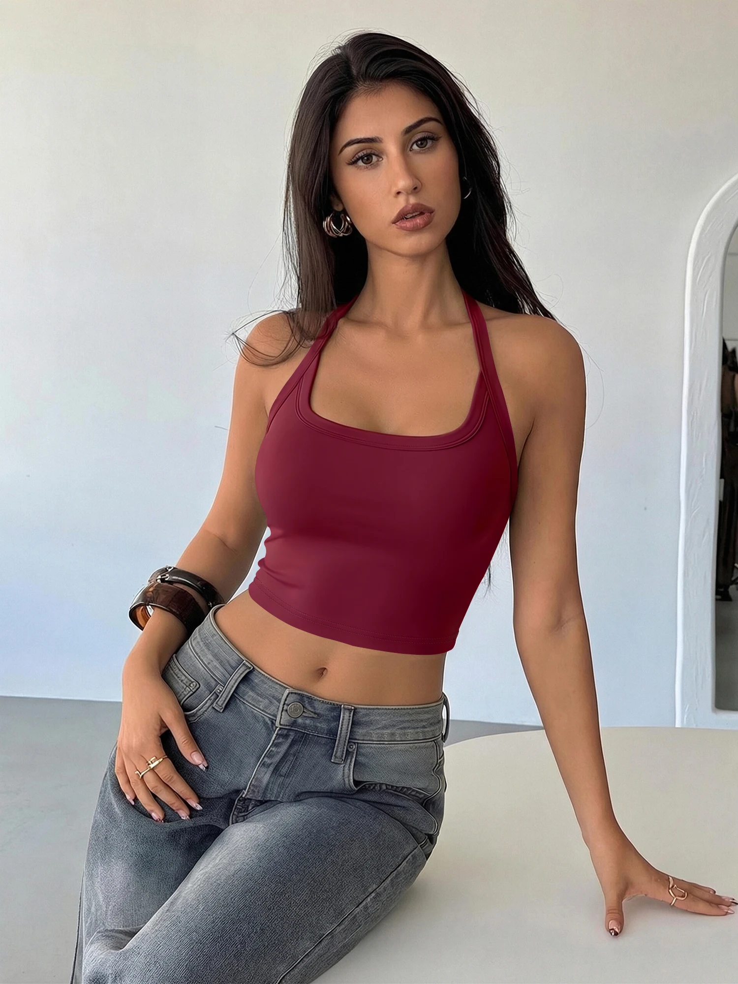 Trend Y2K Halter Crop Sling, Open Rear Figure-Hugging Tank for Bar Dates & Retro Daily Street Outfits