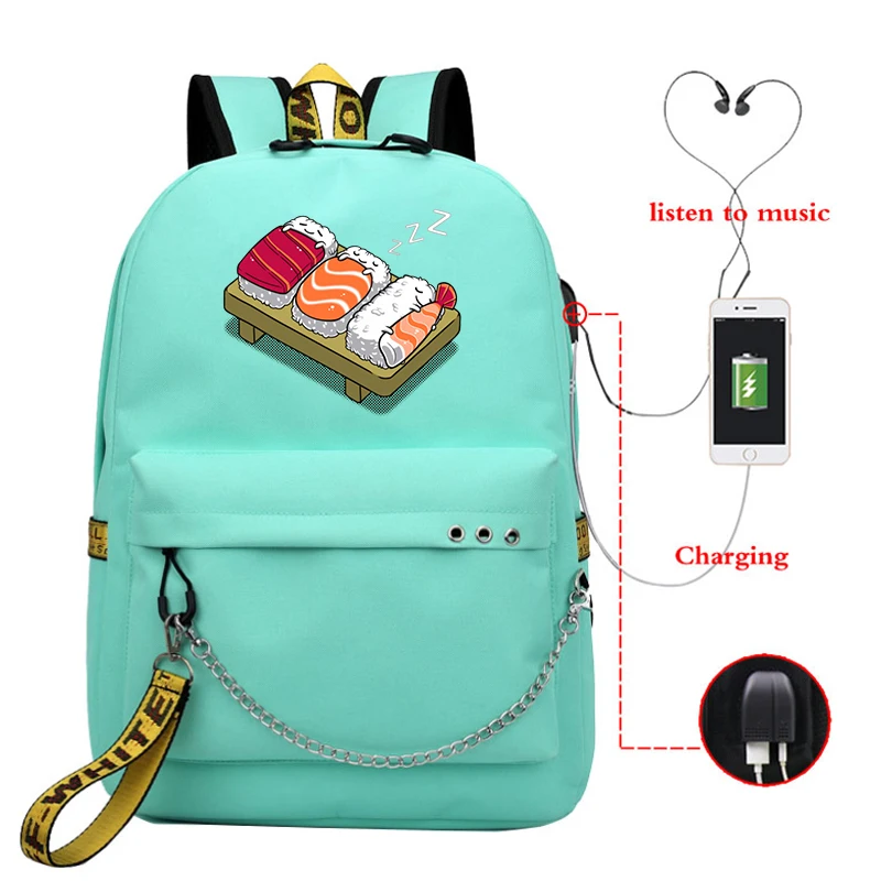 Student Backpacks Sushi Printed Girls School Backpack for Teenage Girl USB School Bag Canvas Middle Junior High College Bagpack