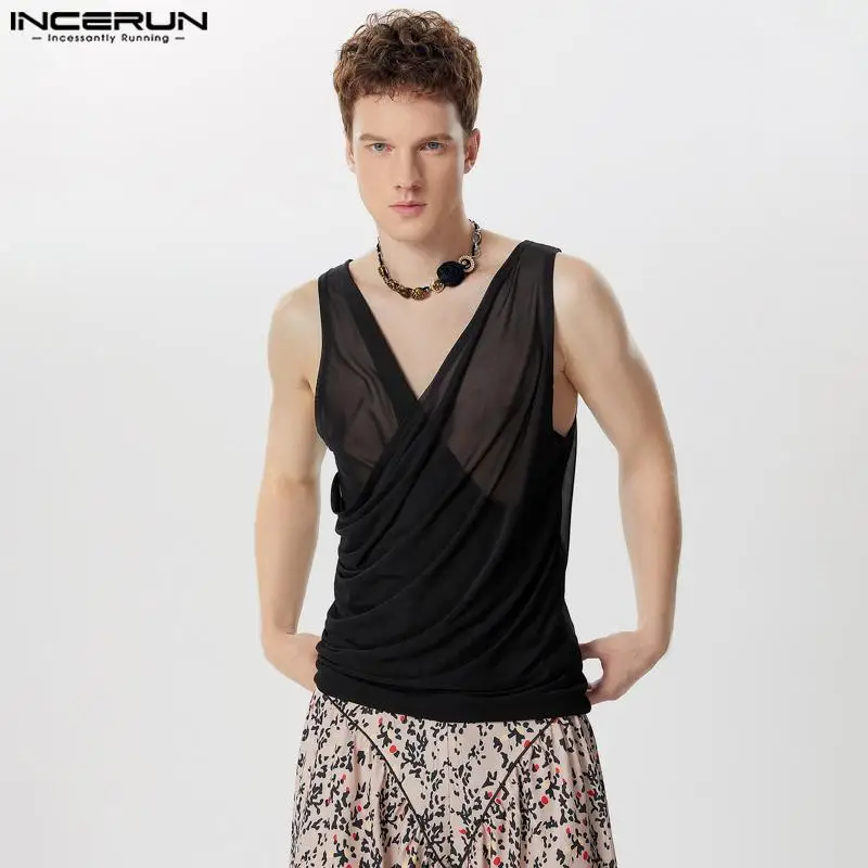 INCERUN top 2024 stile americano Sexy maglia da uomo croce collo basso gilet trasparenti moda solido sottile senza maniche canotte S-5XL