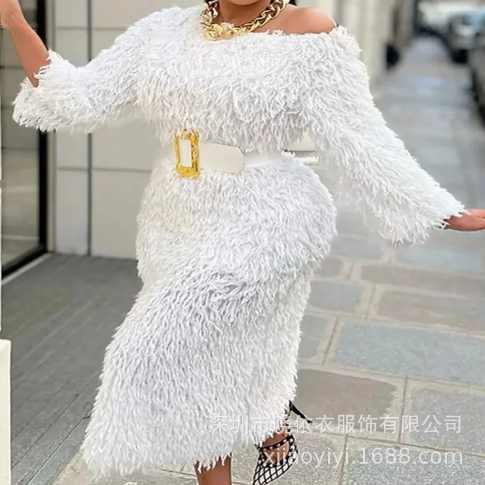 

Women's Dress Temperament Commuting New Style Fur Tassel Belt Long Sleeved Hip Hugging Round Neck Loose White Women's Dress