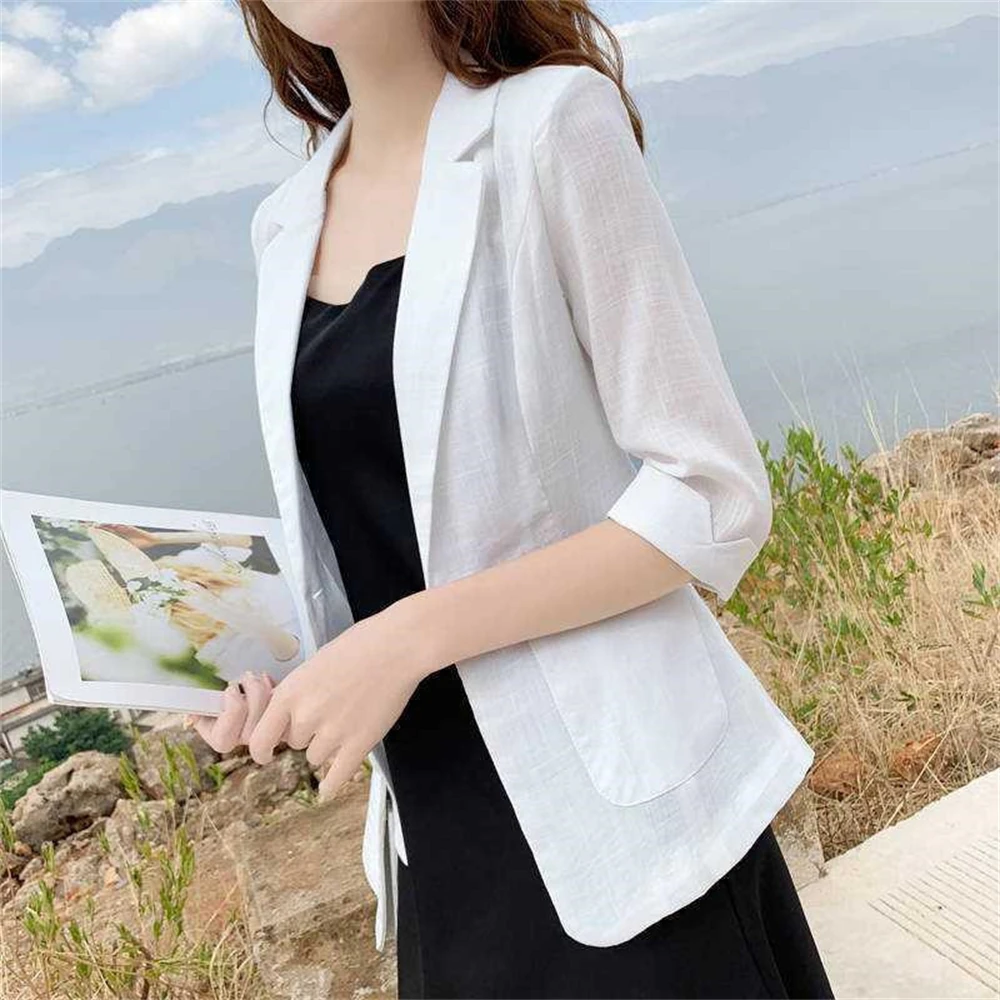 Blazer katun Linen wanita, setelan jas lengan tiga perempat kasual ramping Korea sederhana elegan musim panas