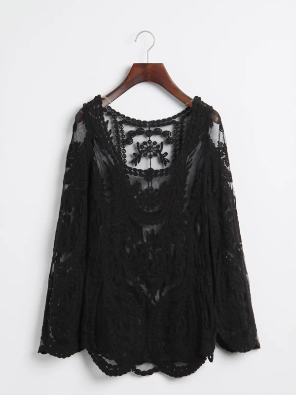 

Large Size Spring Autumn Lace Hollow out Long Sleeve Overhead Hook Flower Pure Color Knitted Women's Top Soft Polyester Fiber