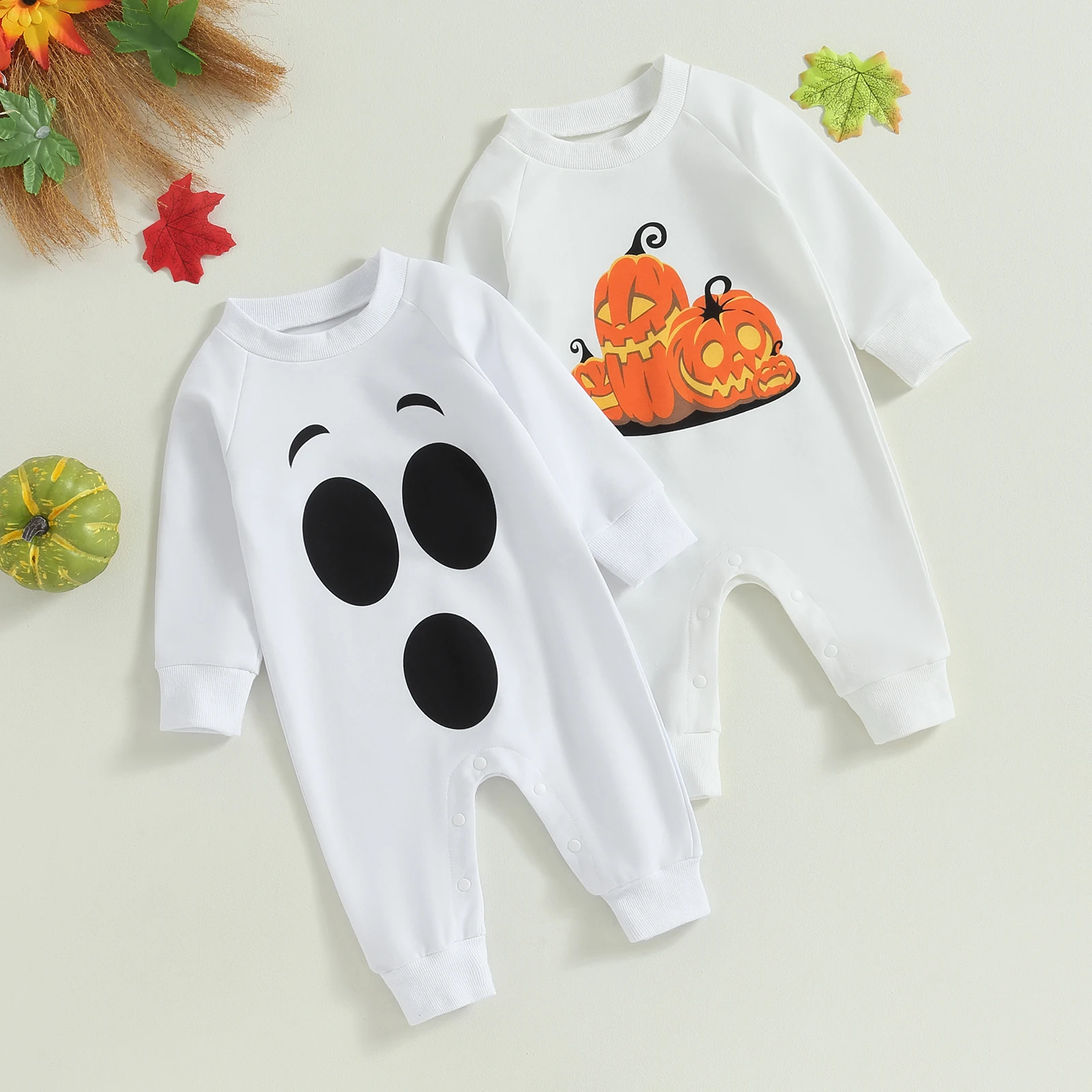 

Baby Girls Boys Rompers Halloween Clothes Pumpkin/Ghost Print Long Sleeve Toddler Jumpsuits Fall Bodysuits