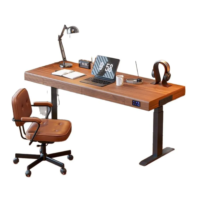 

North American black walnut electric lifting table medium antique solid wood computer desk with drawers desk workbench