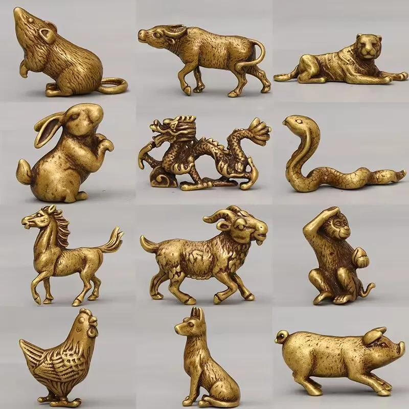 Cow, Tiger, Rabbit, Pig, Snake, Mouse, Horse, Sheep, Monkey, Rooster, Dog, Dragon Statue Brass Miniature Zodiac Sculpture Decora