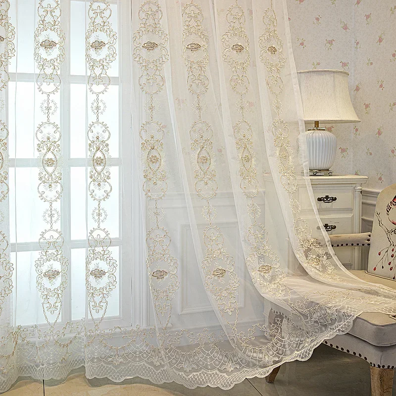 

Luxury Tulle Sheer Yarn Window Screens Nordic Modern High-end Luxury European-style Embroidered Gauze Curtains for Living Room