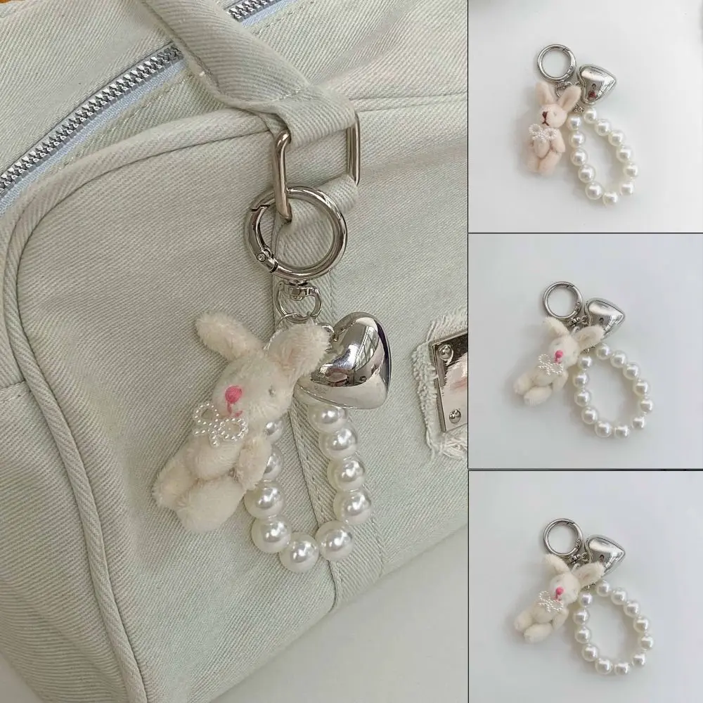 Cute Sweet Plush Rabbit Keychain Bag Accessories Heart Couples Keychain Pearl Doll Pendant Gifts