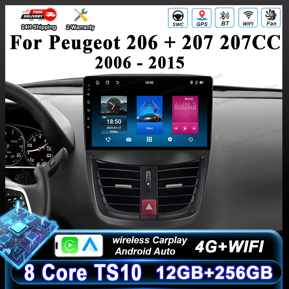 Android 16 Car DVD GPS Navigation For Peugeot 206 + 207 207CC 2006 -2015 Auto Radio Stereo Multimidia Player Carplay Bluetooth