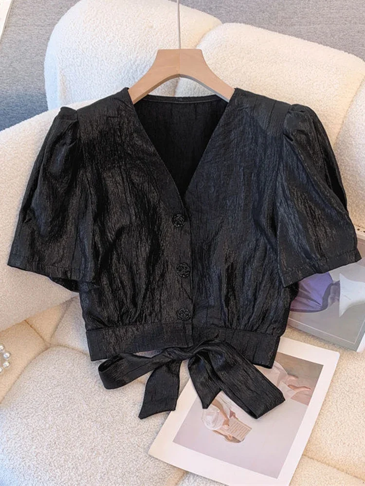 

Cropped Sexy Slim Satin Shirt Women Vintage Back Bow Lace Up Puffy Sleeve Blouse Korean Fashion V Neck Elegant Short Tops
