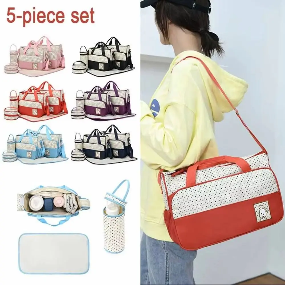 

5Pcs/Set Large Capacity Baby Bag for Mom Changing Pad Multifunctional Travel Stroller Organizer Fashion Built-in Diaper Pad