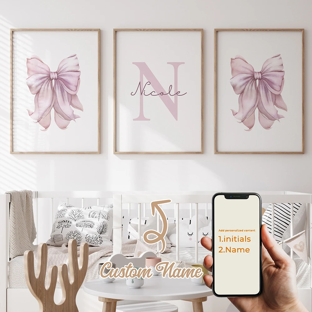

3pcs Personalized Custom Name Cartoon Purple Bow Wall Art Print Picture Canvas Poster Painting For Living Room Home Decor