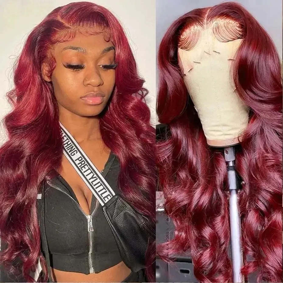 13x4 99J Red Lace Front Wigs Human Hair Body Wave Transparent Lace Frontal Wig Burgundy Colored Brazilian Remy Hair For Women