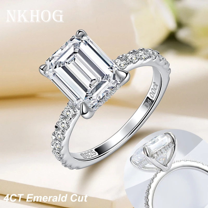 

NKHOG 4CT Emerald/Radiant Cut Full Moissanite Ring Women S925 Silver Rectangle Diamond Wedding Band Party Gift Rings Jewelry GRA