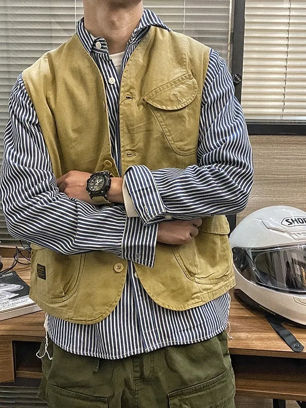 American Style Mountain Series Multi-Pocket Workwear Vest Unisex Spring Autumn Loose Casual Sleeveless Outerwear