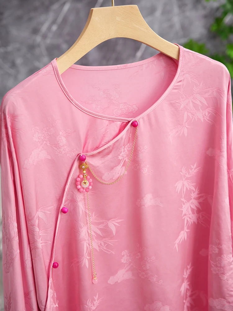

Cherry Pink New Chinese Style National Trend Embroidered Asymmetrical Pearl Silk Shirt Women's Premium Fashion Spring 2024