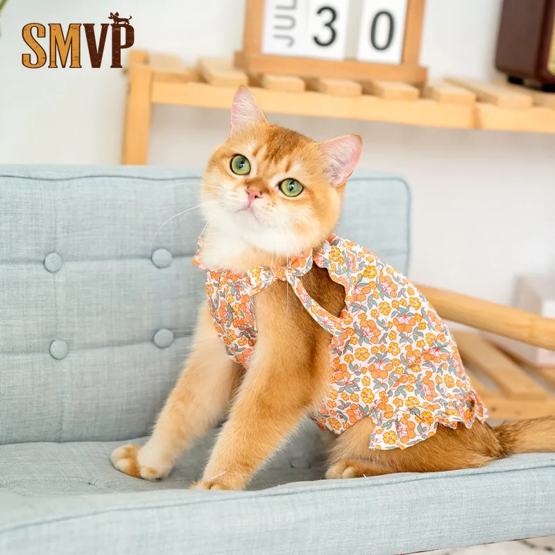 

Summer Cat Clothes Cotton Thin Orange Floral Suspender Skirt Pastoral Fresh Princess Style Suitable for Kittens and Puppies