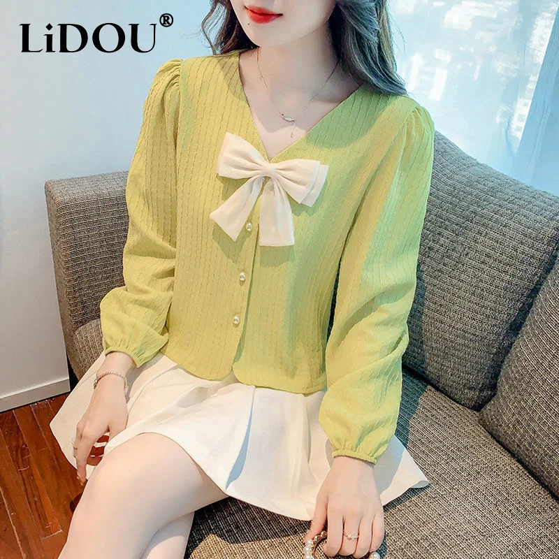 

French Style Bow V-neck Solid Color Single Breasted Shirt Women Fashion Loose Elegant Puff Sleeve Tops Summer Female Clothing