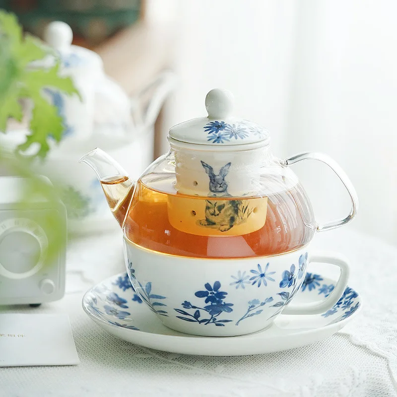 Blue Flower Porcelain Tea For One Set Glass Teapot Ceramic Tea Strainer Cup Saucer Coffee Mug Dishes Rabbit Tea Set