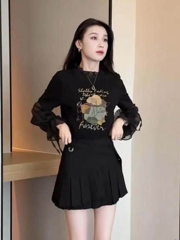 

Faionable round Ne Splice Casual Print Chiffon Flared Sve Fake Two-Piece irt Autumn New Sle Women's Korean Faion