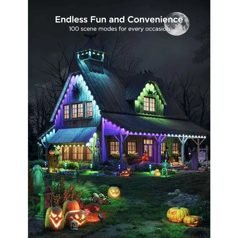 100ft RGBIC Outdoor Lights with 72 LED Lights, IP67 Waterproof, 100 Scene Modes with 40lm White for Halloween Decor,