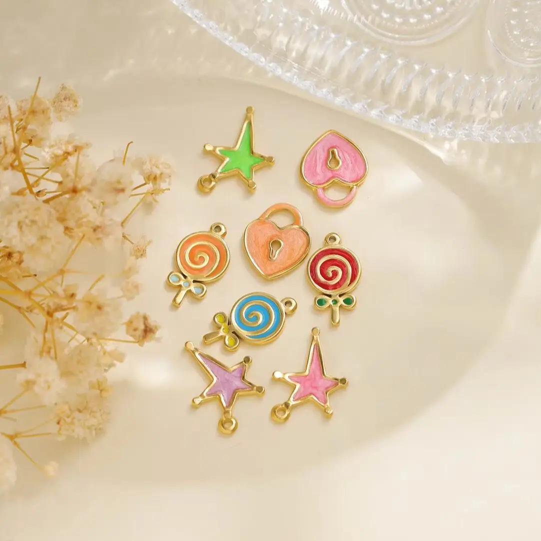 5-Piece Set of Cute Colorful Enamel Star, Lollipop, and Heart-Lock Pendants – Perfect for DIY Jewelry Gifts for Girls