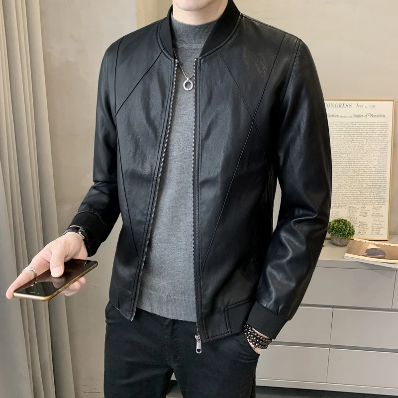 

Sli ort Men's Biker Leather Jaet Baseball Coat Trendy Slim Fit Autumn Faion Urban Sle Long Sve Zipper Closure