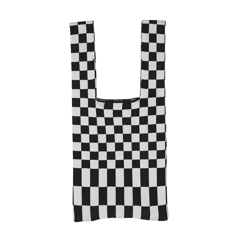 Knitting Fabric Women Handbag Chequer Chess Design Eco Small Shopping Bag Decoration Purses Woolen Plaid Cloth Tote for Ladies