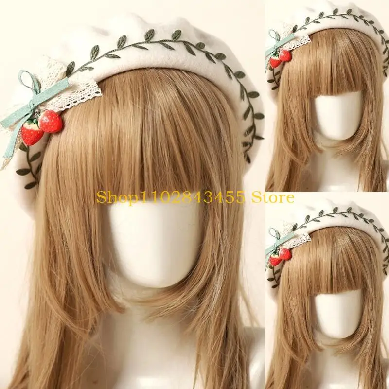 

49MC Милый берет с клубничным зеленым листом и бантом, шляпа художника, дикая для уличной съемки