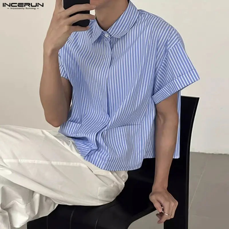 

INCERUN Мужская полосатая рубашка с лацканами и короткими рукавами, карманами, мужская одежда, уличная одежда, свободные пуговицы, модные повседневные мужские топы в корейском стиле