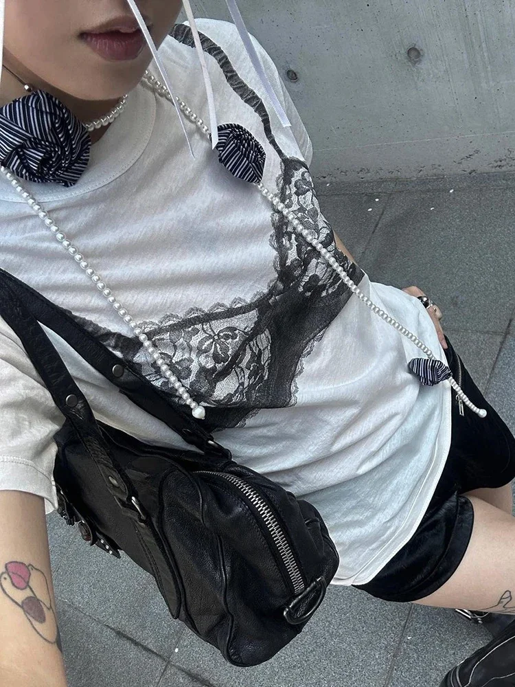 Leosoxs Black Lace Bra Print White Graphic T-Shirt Fashion Woman Blouse Tees 2025 O Neck Short Sleeve Casual Street Sweats Tops