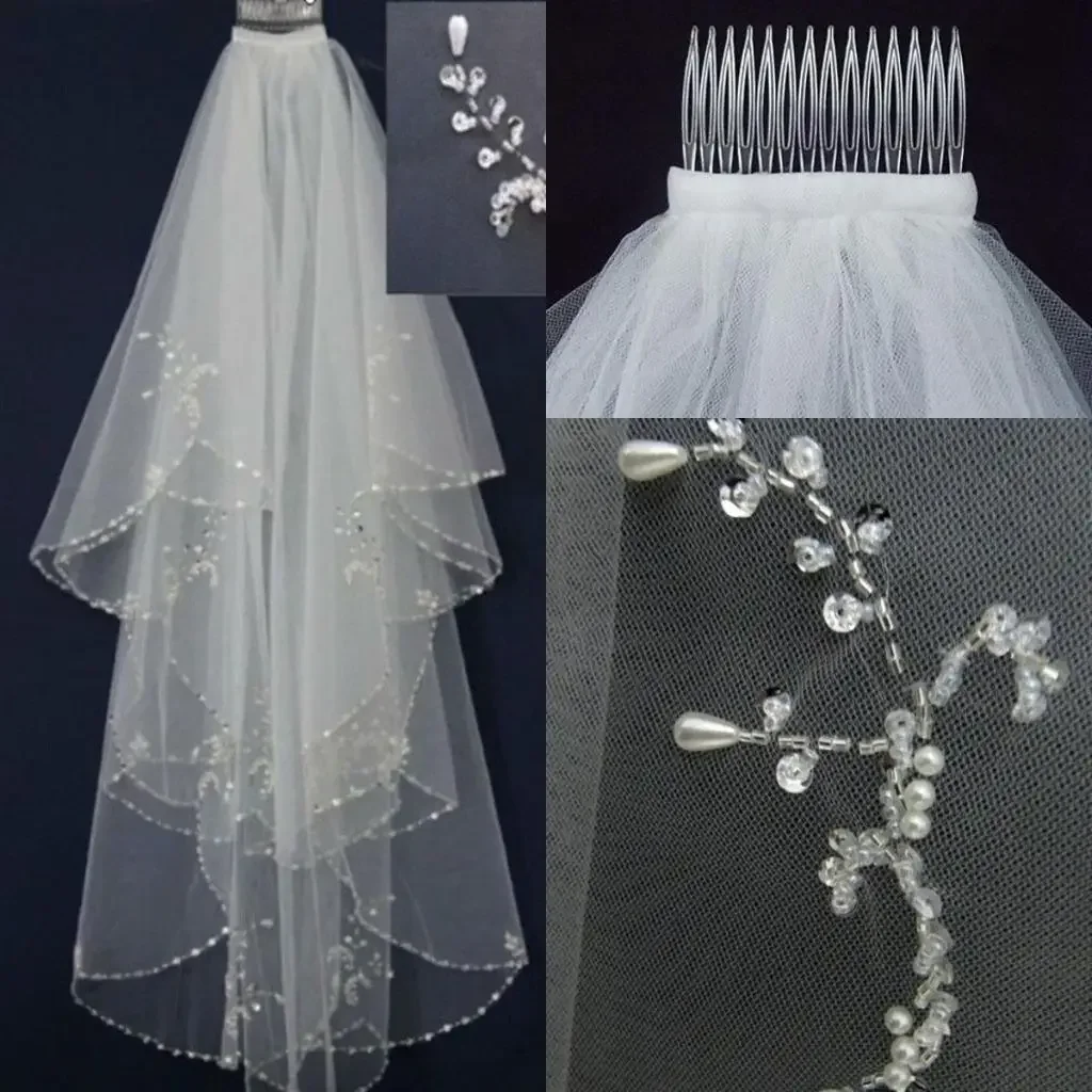 

Sequins Beaded Wedding Veils White Ivory Glamorous Bridal Hair Accessories Two-Layer Bridal Veils Comb
