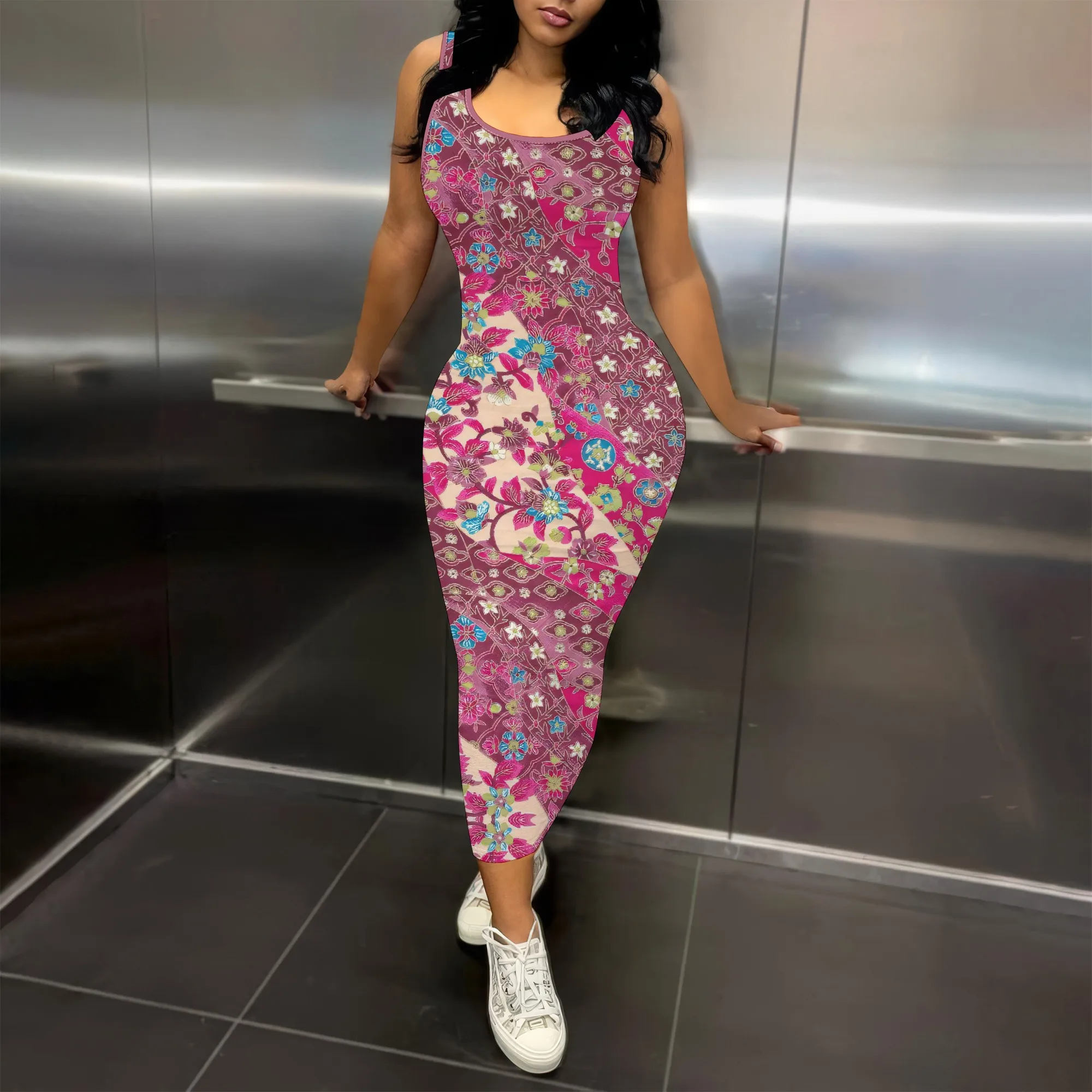 

Women's Purple Polka Dot Sleeveless Printed Dress Polyester A-Line Midi Evening Winter Elegant Fit